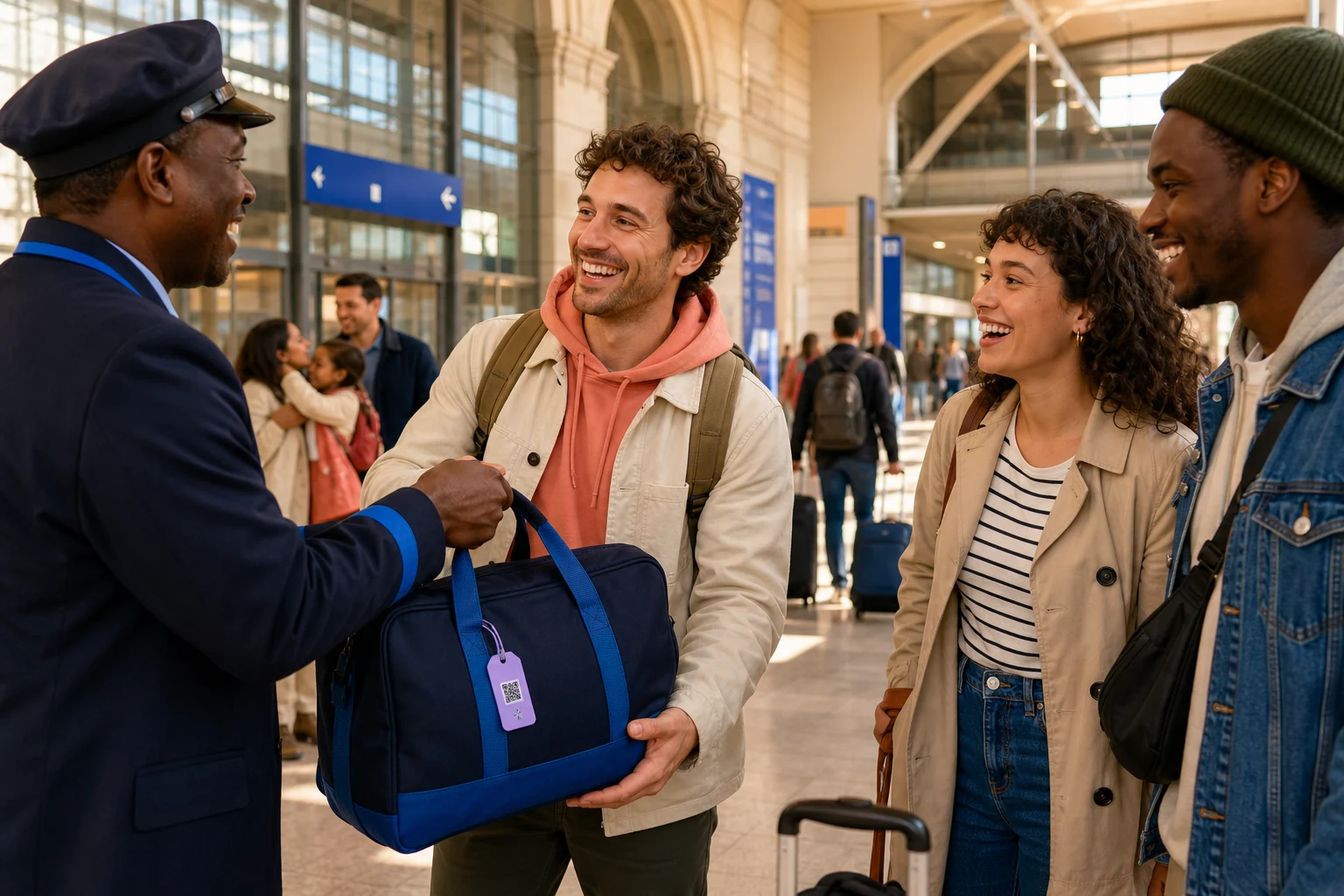 A traveller receiving a returned canvas bag